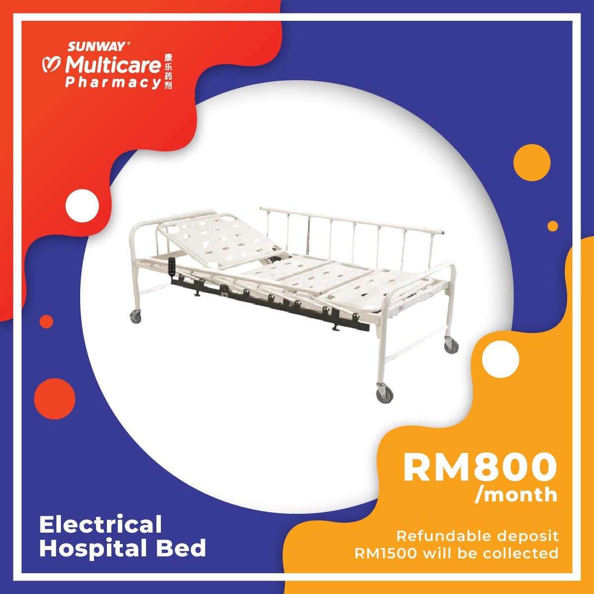 Electrical hospital bed for home care rental, offered by Sunway Multicare Pharmacy